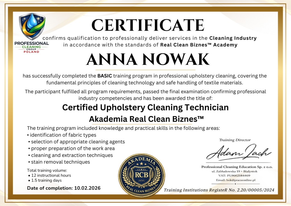 Szkolenie Pranie tapicerki poziom podstawowy wersja angielska Szkolenie Pranie tapicerki poziom podstawowy wersja angielska