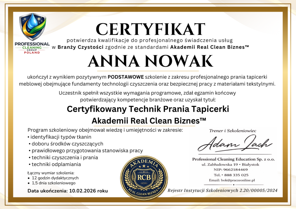 Szkolenie Pranie tapicerki poziom podstawowy Szkolenie Pranie tapicerki poziom podstawowy