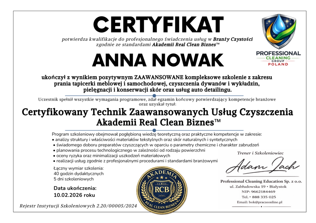 Szkolenie Pranie tapicerki poziom zaawansowany wersja polska Szkolenie Pranie tapicerki poziom zaawansowany wersja polska