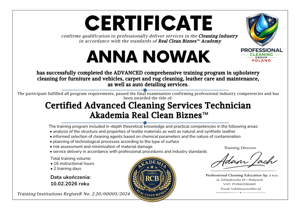 Szkolenie Pranie tapicerki poziom zaawansowany wersja angielska Szkolenie Pranie tapicerki poziom zaawansowany wersja angielska