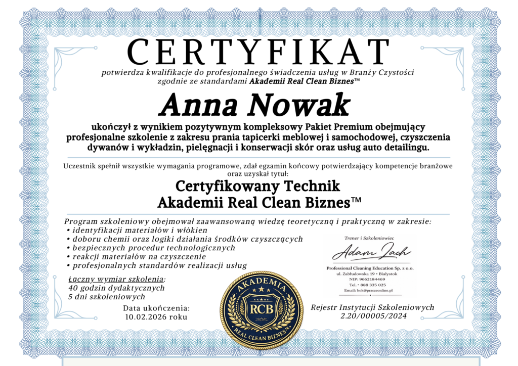 Certyfikat Pakiet Premium szkolenie z prania tapicerki
