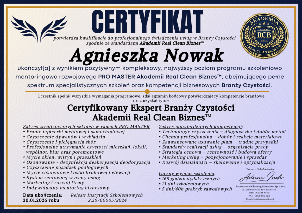 Certyfikat Pro Master Start Firmy Real Clean Biznes