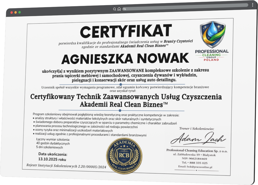 Certyfikat szkolenie z prania tapicerki Real Clean Biznes