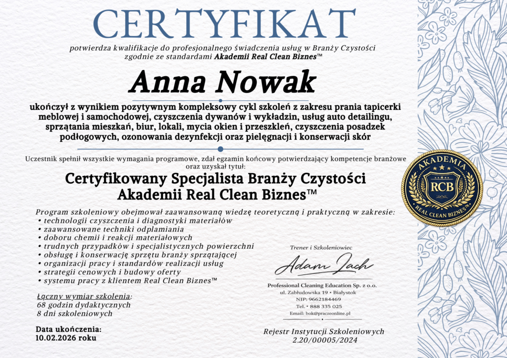 Certyfikat Pakiet VIP szkolenie z prania tapicerki